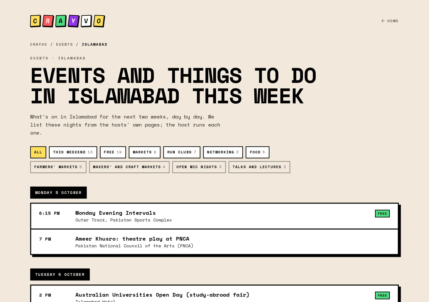 The Islamabad page: this week's nights, then the places on the map, from one address.