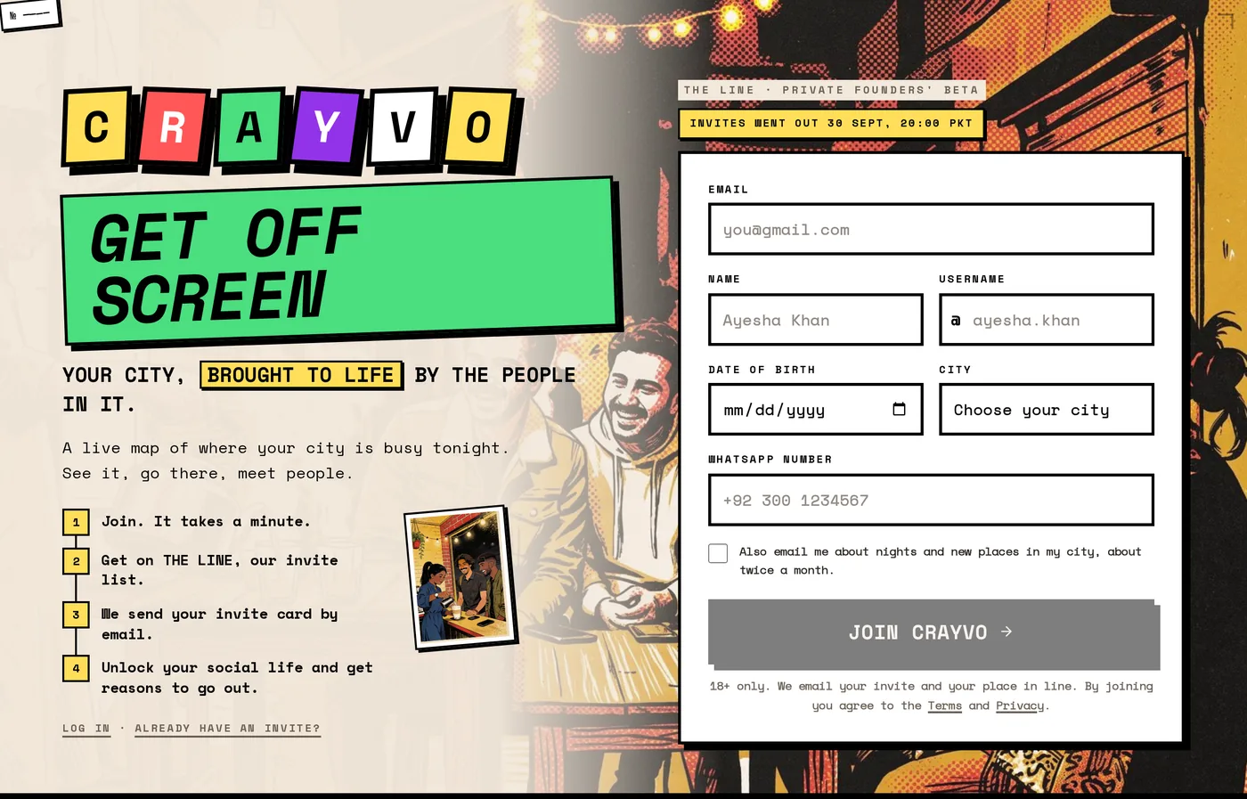 The CRAYVO front page: one form to get in line, and the nights of the week running across the top.